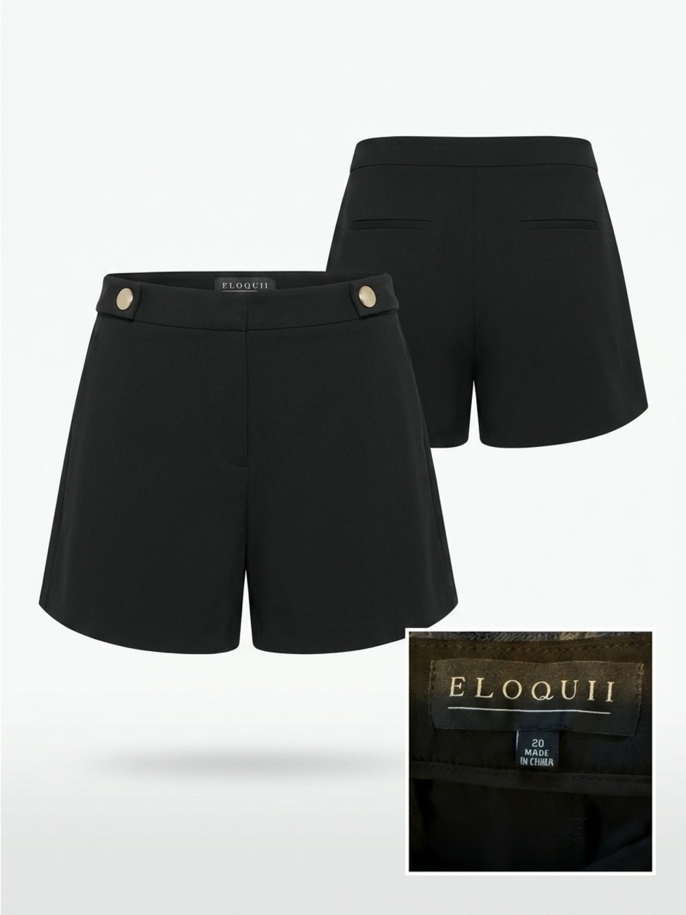 Eloquii Black Tailored High-Rise Shorts with Gold Buttons